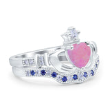 Claddagh Accent Heart Wedding Bridal Set Piece Ring Band Round Blue Sapphire Simulated Cubic Zirconia 925 Sterling Silver