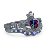 Claddagh Accent Heart Wedding Bridal Set Piece Ring Band Round Blue Sapphire Simulated Cubic Zirconia 925 Sterling Silver