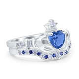 Claddagh Accent Heart Wedding Bridal Set Piece Ring Band Round Blue Sapphire Simulated Cubic Zirconia 925 Sterling Silver