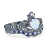 Claddagh Accent Heart Wedding Bridal Set Piece Ring Band Round Blue Sapphire Simulated Cubic Zirconia 925 Sterling Silver
