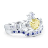 Claddagh Accent Heart Wedding Bridal Set Piece Ring Band Round Blue Sapphire Simulated Cubic Zirconia 925 Sterling Silver