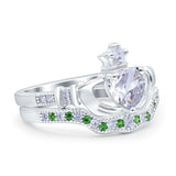 Claddagh Accent Heart Wedding Bridal Set Piece Ring Band Round Green Emerald Simulated Cubic Zirconia 925 Sterling Silver