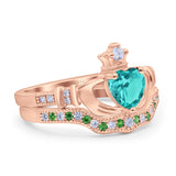 Claddagh Accent Heart Wedding Bridal Set Piece Ring Band Round Green Emerald Simulated Cubic Zirconia 925 Sterling Silver