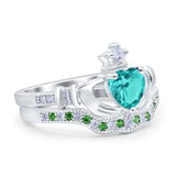 Claddagh Accent Heart Wedding Bridal Set Piece Ring Band Round Green Emerald Simulated Cubic Zirconia 925 Sterling Silver