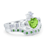 Claddagh Accent Heart Wedding Bridal Set Piece Ring Band Round Green Emerald Simulated Cubic Zirconia 925 Sterling Silver