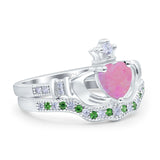 Claddagh Accent Heart Wedding Bridal Set Piece Ring Band Round Green Emerald Simulated Cubic Zirconia 925 Sterling Silver