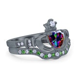 Claddagh Accent Heart Wedding Bridal Set Piece Ring Band Round Green Emerald Simulated Cubic Zirconia 925 Sterling Silver