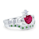 Claddagh Accent Heart Wedding Bridal Set Piece Ring Band Round Green Emerald Simulated Cubic Zirconia 925 Sterling Silver