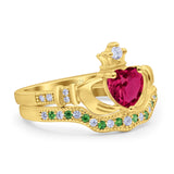 Claddagh Accent Heart Wedding Bridal Set Piece Ring Band Round Green Emerald Simulated Cubic Zirconia 925 Sterling Silver