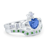 Claddagh Accent Heart Wedding Bridal Set Piece Ring Band Round Green Emerald Simulated Cubic Zirconia 925 Sterling Silver