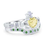 Claddagh Accent Heart Wedding Bridal Set Piece Ring Band Round Green Emerald Simulated Cubic Zirconia 925 Sterling Silver