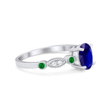 Vintage Style Oval Bridal Wedding Engagement Ring Round Green Emerald Simulated Cubic Zirconia 925 Sterling Silver