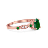 Vintage Style Oval Bridal Wedding Engagement Ring Round Green Emerald Simulated Cubic Zirconia 925 Sterling Silver