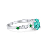 Vintage Style Oval Bridal Wedding Engagement Ring Round Green Emerald Simulated Cubic Zirconia 925 Sterling Silver