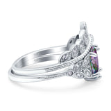 Two Piece Vintage Style Wedding Engagement Bridal Set Ring Band Oval Simulated Cubic Zirconia 925 Sterling Silver
