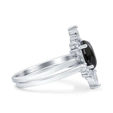 Two Piece Vintage Style Art Deco Wedding Bridal Set Ring Band Oval Simulated Cubic Zirconia 925 Sterling Silver