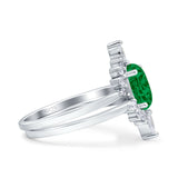 Two Piece Vintage Style Art Deco Wedding Bridal Set Ring Band Oval Simulated Cubic Zirconia 925 Sterling Silver
