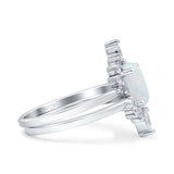 Two Piece Vintage Style Art Deco Wedding Bridal Set Ring Band Oval Simulated Cubic Zirconia 925 Sterling Silver