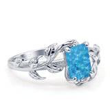 Art Deco Engagement Ring Natural Leaf Design Emerald Cut Cubic Zirconia 925 Sterling Silver