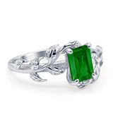 Art Deco Engagement Ring Natural Leaf Design Emerald Cut Cubic Zirconia 925 Sterling Silver