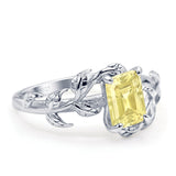 Art Deco Engagement Ring Natural Leaf Design Emerald Cut Cubic Zirconia 925 Sterling Silver