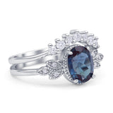 Vintage Oval Lab Alexandrite Art Deco Bridal Set Engagement Ring
