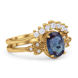 Vintage Oval Lab Alexandrite Art Deco Bridal Set Engagement Ring