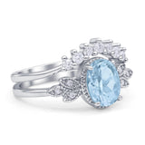 Vintage Oval Natural Aquamarine Art Deco Bridal Set Engagement Ring