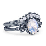 Vintage Oval Natural Moonstone Art Deco Bridal Set Engagement Ring