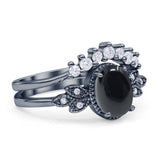 Vintage Oval Natural Black Onyx Art Deco Bridal Set Engagement Ring