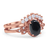 Vintage Oval Natural Black Onyx Art Deco Bridal Set Engagement Ring
