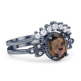 Vintage Oval Natural Smoky Quartz Art Deco Bridal Set Engagement Ring