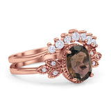 Vintage Oval Natural Smoky Quartz Art Deco Bridal Set Engagement Ring