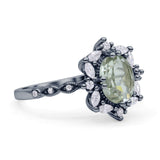 Art Deco Oval Natural Green Amethyst Halo Ballerina Style Engagement Ring