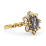 Art Deco Oval Natural Rutilated Quartz Halo Ballerina Style Engagement Ring