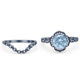 Vintage Style Round Natural Aquamarine Floral Bridal Set Engagement Ring