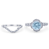 Vintage Style Round Natural Aquamarine Floral Bridal Set Engagement Ring