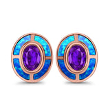Oval Amethyst Stud Earrings Lab Created Opal Simulated CZ 925 Sterling Silver (13mm)