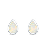 Teardrop Bezel Solitaire Pear Stud Earrings Lab Created Opal 925 Sterling Silver (7mm)