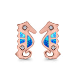 Seahorse Stud Earrings Lab Created Opal Simulated CZ 925 Sterling Silver (13mm)