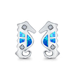 Seahorse Stud Earrings Lab Created Opal Simulated CZ 925 Sterling Silver (13mm)