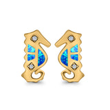 Seahorse Stud Earrings Lab Created Opal Simulated CZ 925 Sterling Silver (13mm)