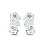 Seahorse Stud Earrings Lab Created Opal Simulated CZ 925 Sterling Silver (13mm)