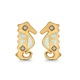 Seahorse Stud Earrings Lab Created Opal Simulated CZ 925 Sterling Silver (13mm)
