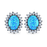 Halo Oval Stud Earrings Lab Created Opal Simulated CZ 925 Sterling Silver (13mm)