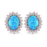 Halo Oval Stud Earrings Lab Created Opal Simulated CZ 925 Sterling Silver (13mm)
