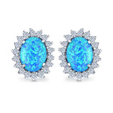 Halo Oval Stud Earrings Lab Created Opal Simulated CZ 925 Sterling Silver (13mm)