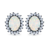 Halo Oval Stud Earrings Lab Created Opal Simulated CZ 925 Sterling Silver (13mm)