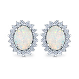Halo Oval Stud Earrings Lab Created Opal Simulated CZ 925 Sterling Silver (13mm)