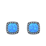 Halo Princess Cut Stud Earrings Created Opal 925 Sterling Silver
